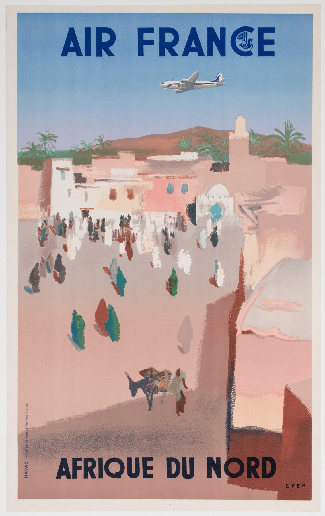 Air France Afrique Du Nord 1950 Travel Airline Advertising Poster, Jean Even
