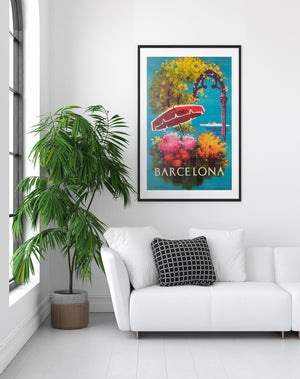 Barcelona Flower 1950s Travel Advertising Poster