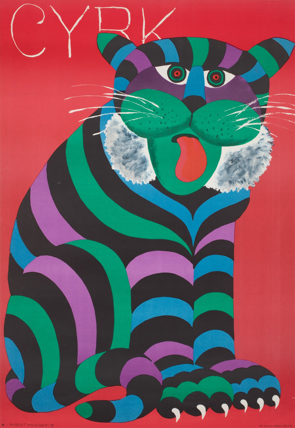 Cyrk Large Stripy Cat Tiger 1971 Polish Circus Poster, Hubert Hilscher