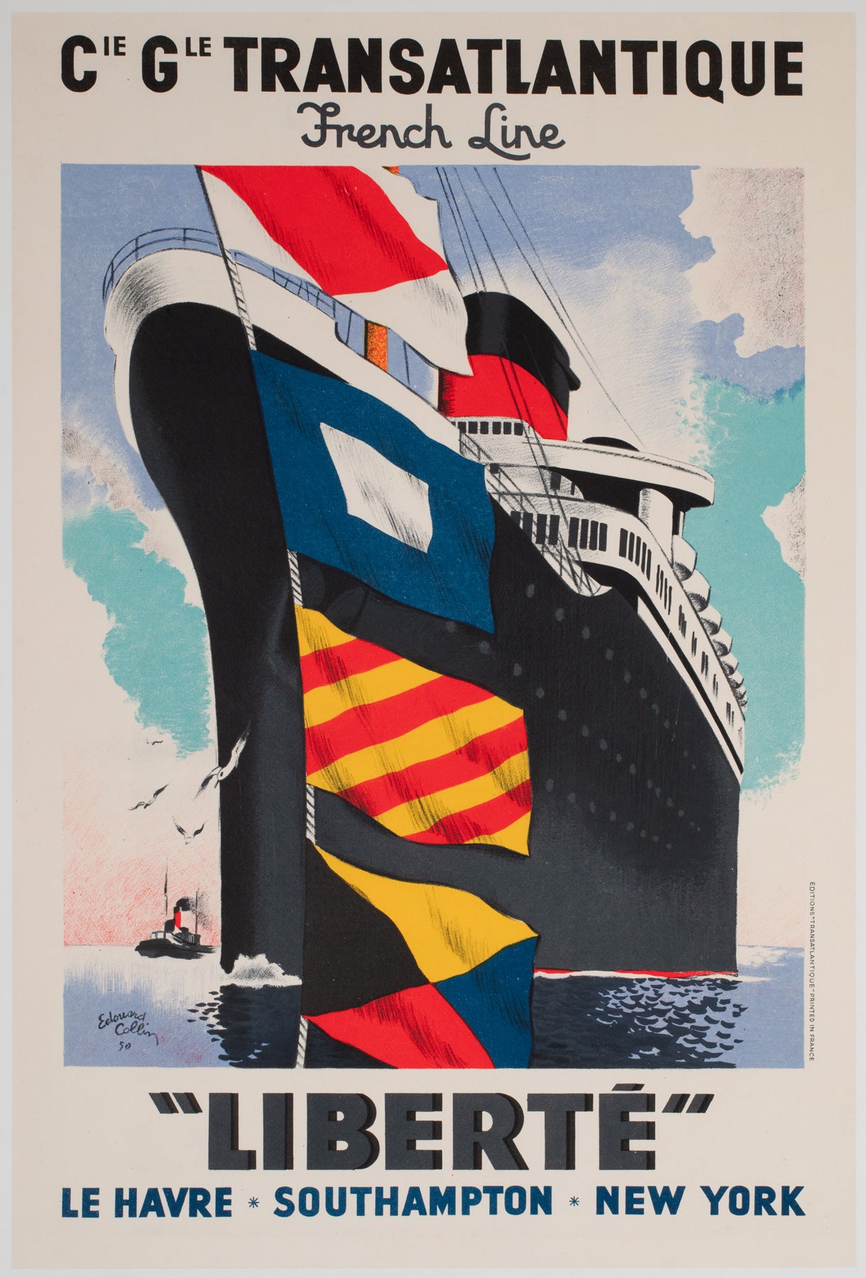 Liberte 1950 Cie Gle Transatlantique French Line Travel Shipping Poster, Edouard Collin