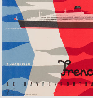 SS France Cie Gle Transatlantique French Line 1961 Travel Poster, Jean Jacquelin - detail