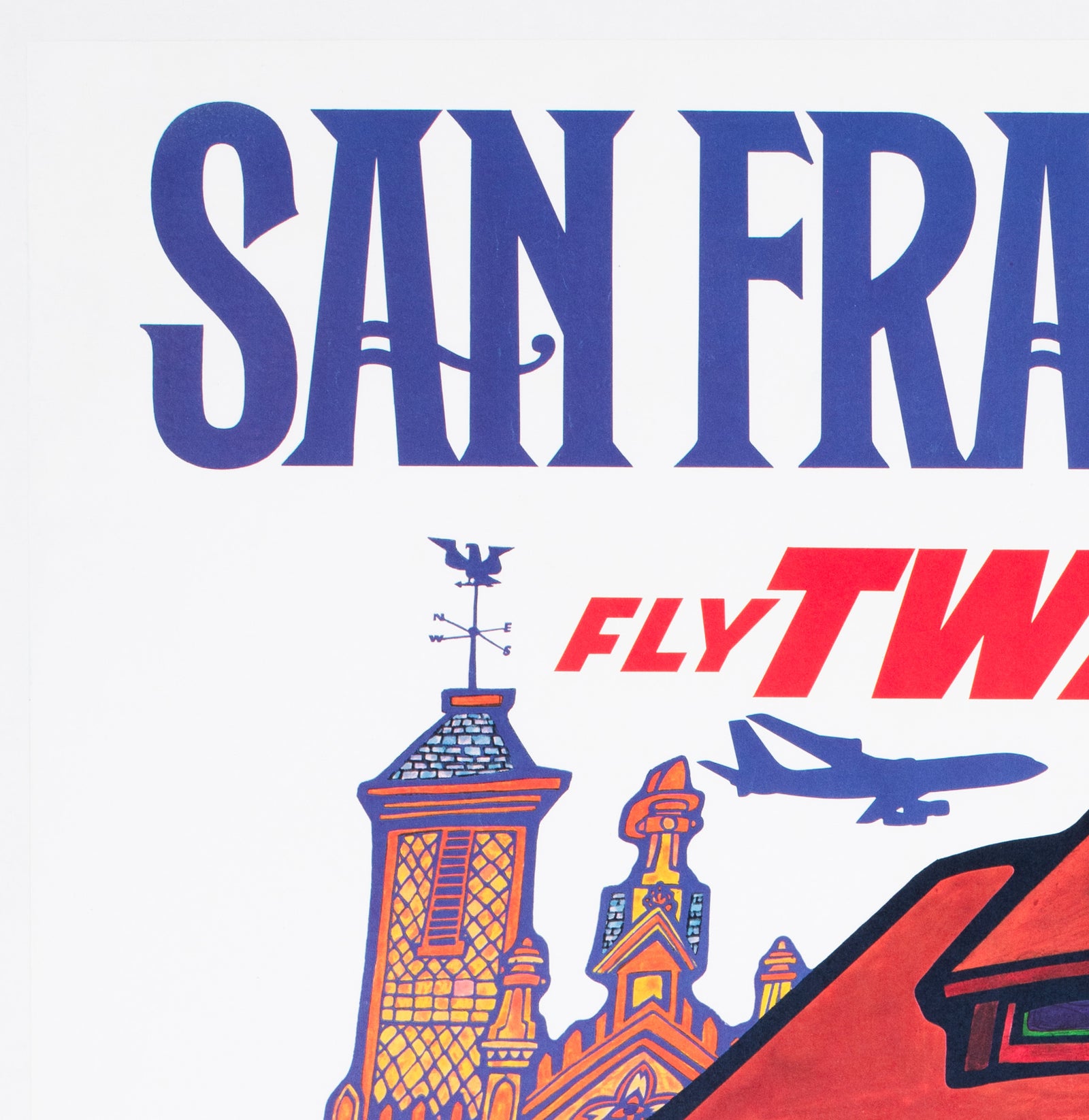 TWA San Francisco c1960s Airline Travel Advertising Poster David Klein - detail