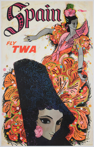 TWA Spain 1960s Airline Travel Advertising Poster, David Klein