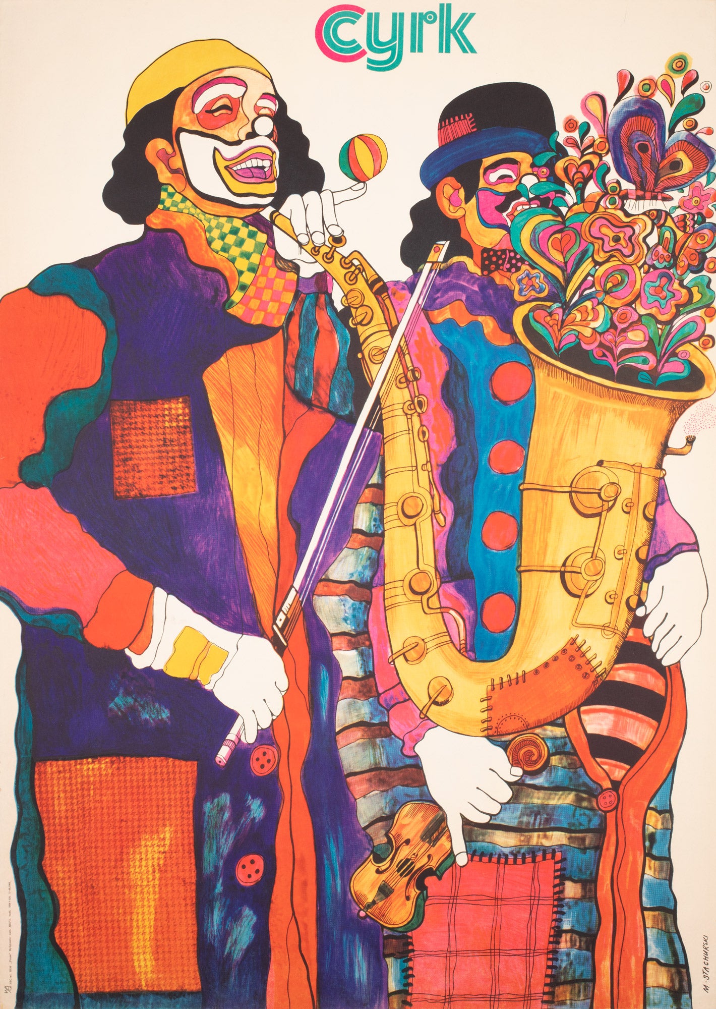 Cyrk Two Musical Clowns 1972 Polish Circus Poster, Stachurski