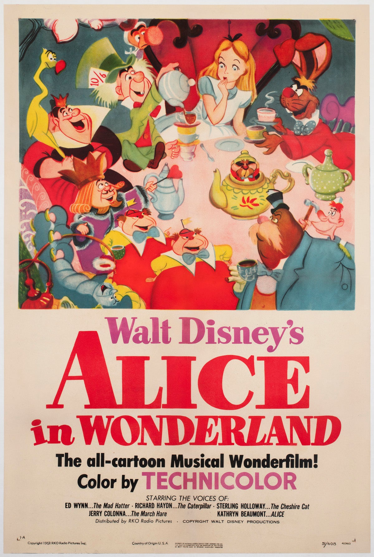 Alice in Wonderland 1951 US 1 Sheet Film Poster, Disney