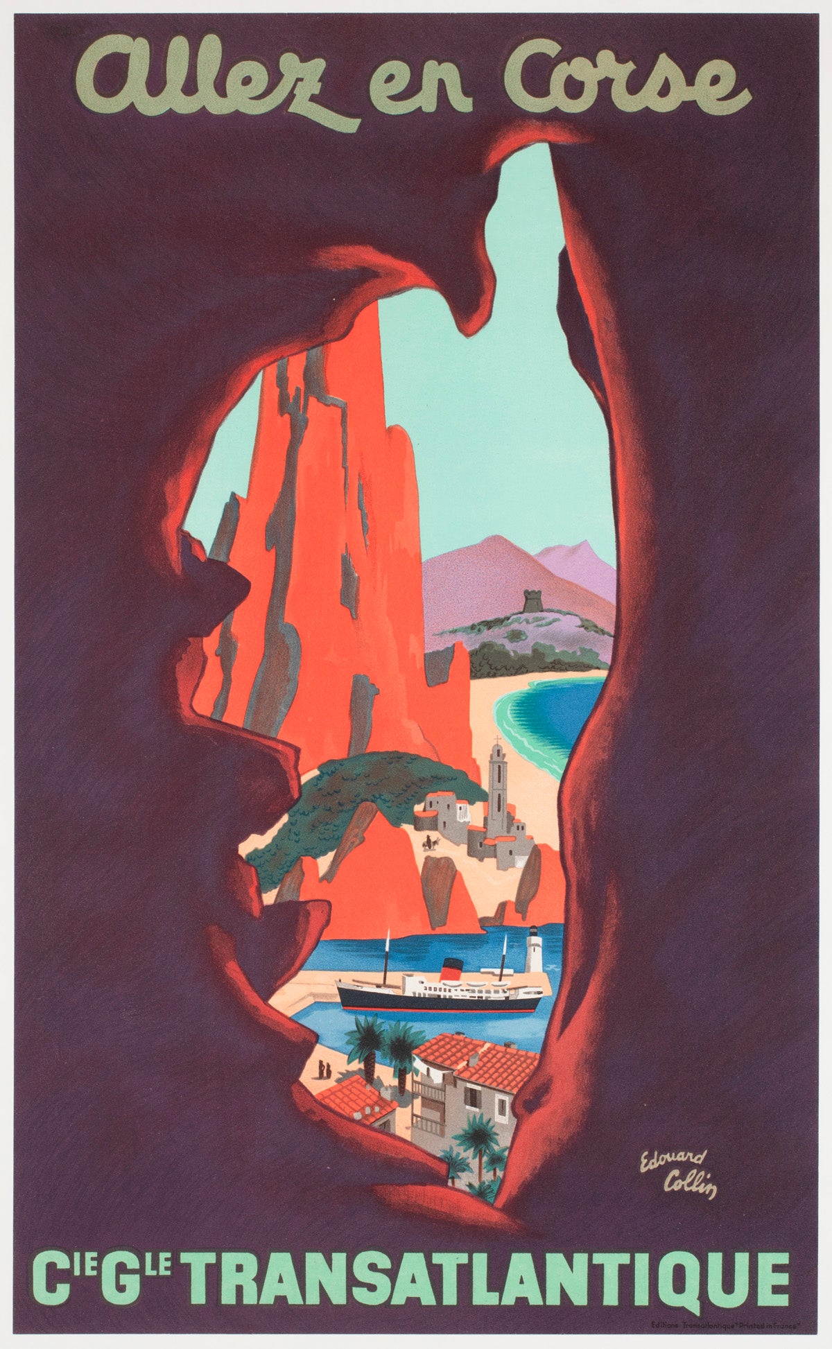 Allez en Corse CGT c1950s Corsica Small French Travel Poster Edouard Collin