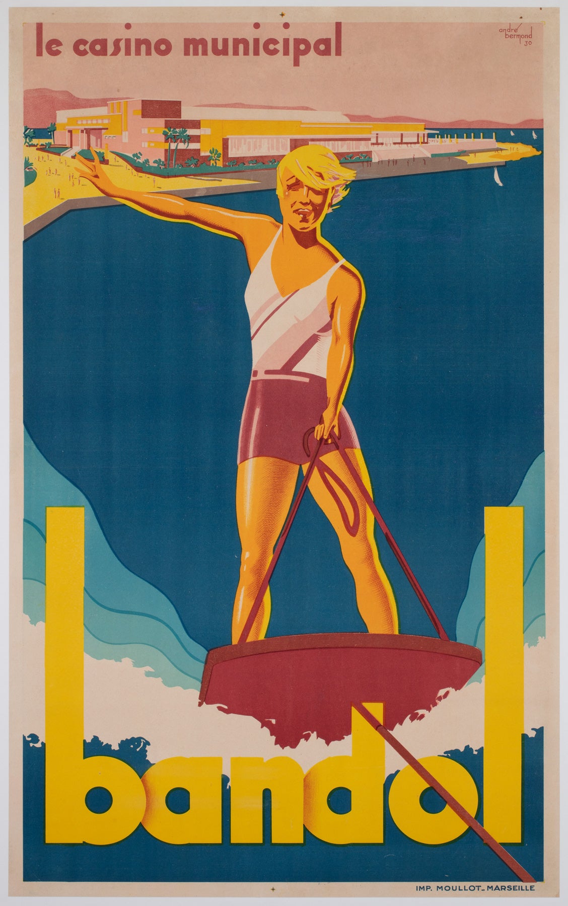 Bandol 1930s French Travel Poster, Sports, Ski, Andre Bermond