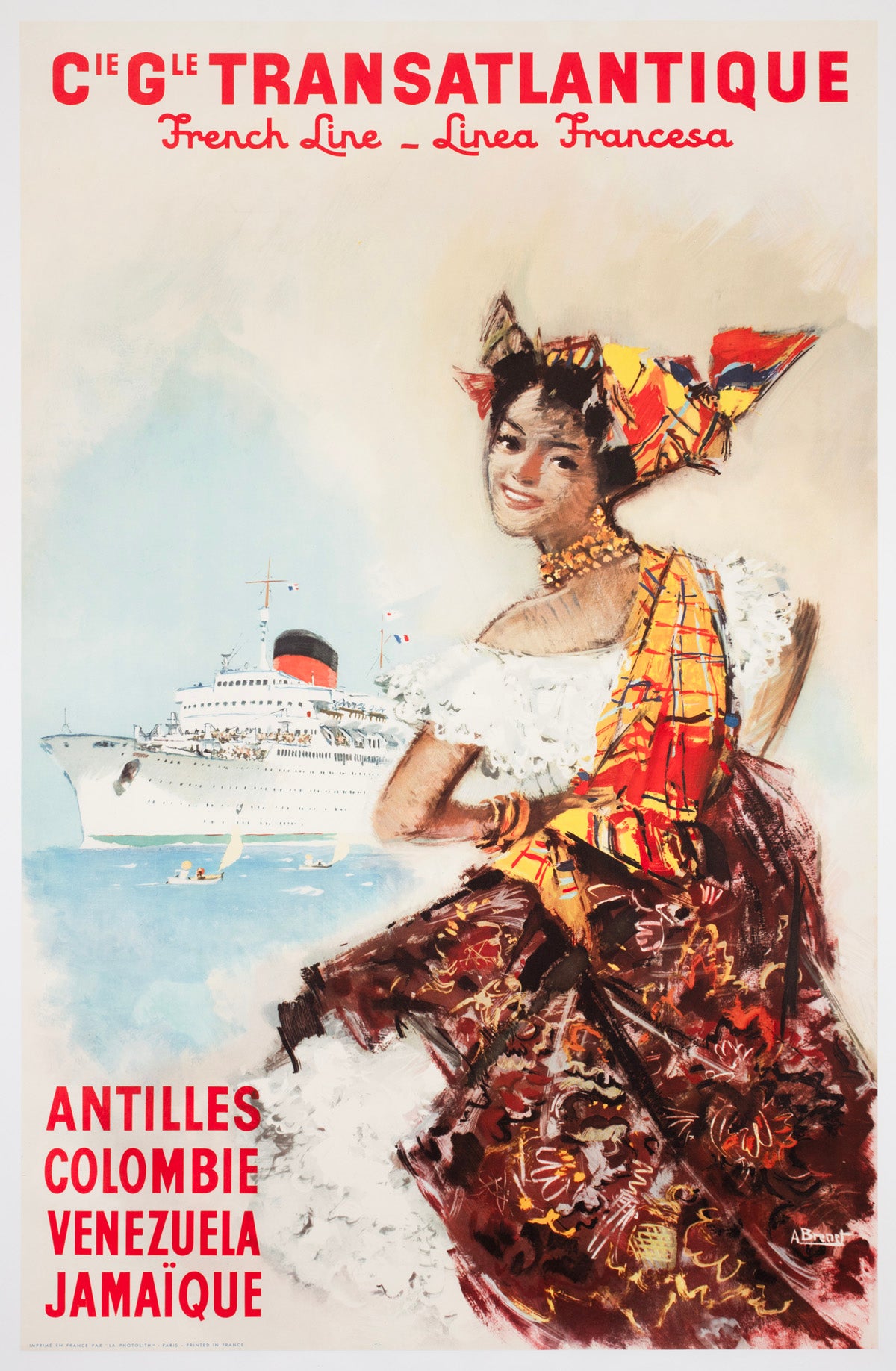 Cie Gle Transatlantique French Line Antilles Colombie Venezuela Jamaïque c1950s Travel Poster Albert Brenet