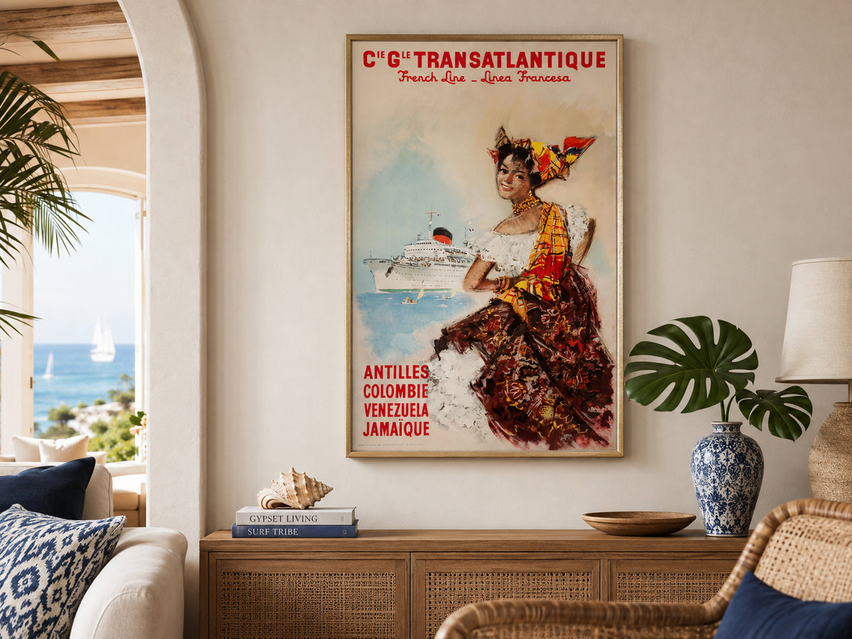 Cie Gle Transatlantique French Line Antilles Colombie Venezuela Jamaïque c1950s Travel Poster Albert Brenet