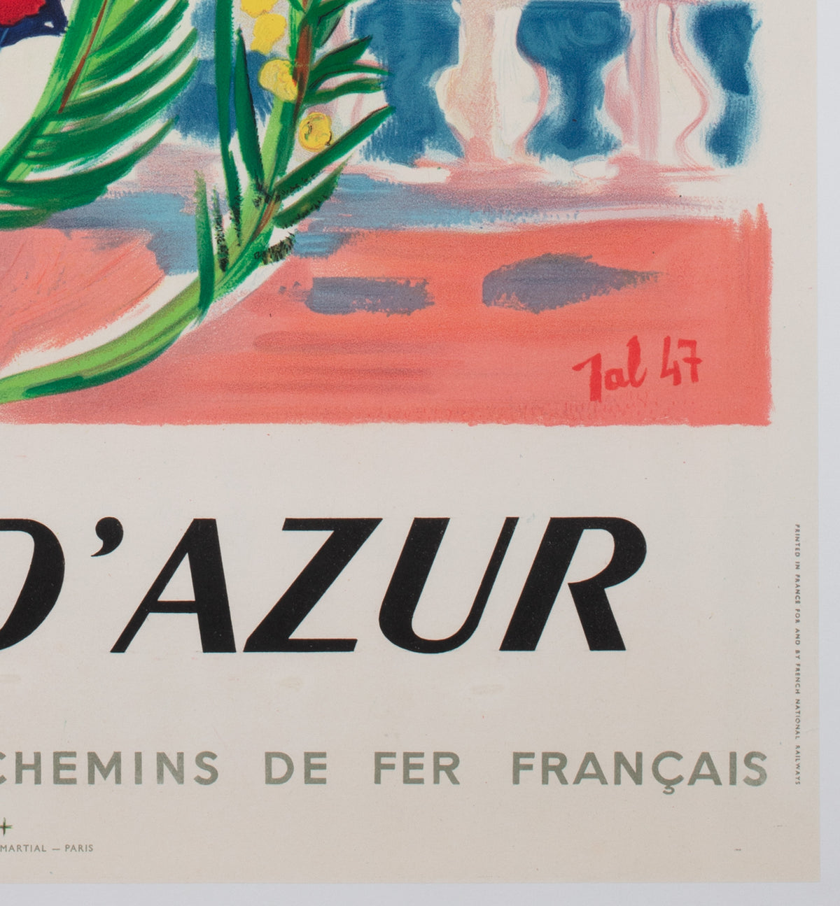 Cote D'azur 1947 SNCF French Railway Travel Advertising Poster, Jal - detail