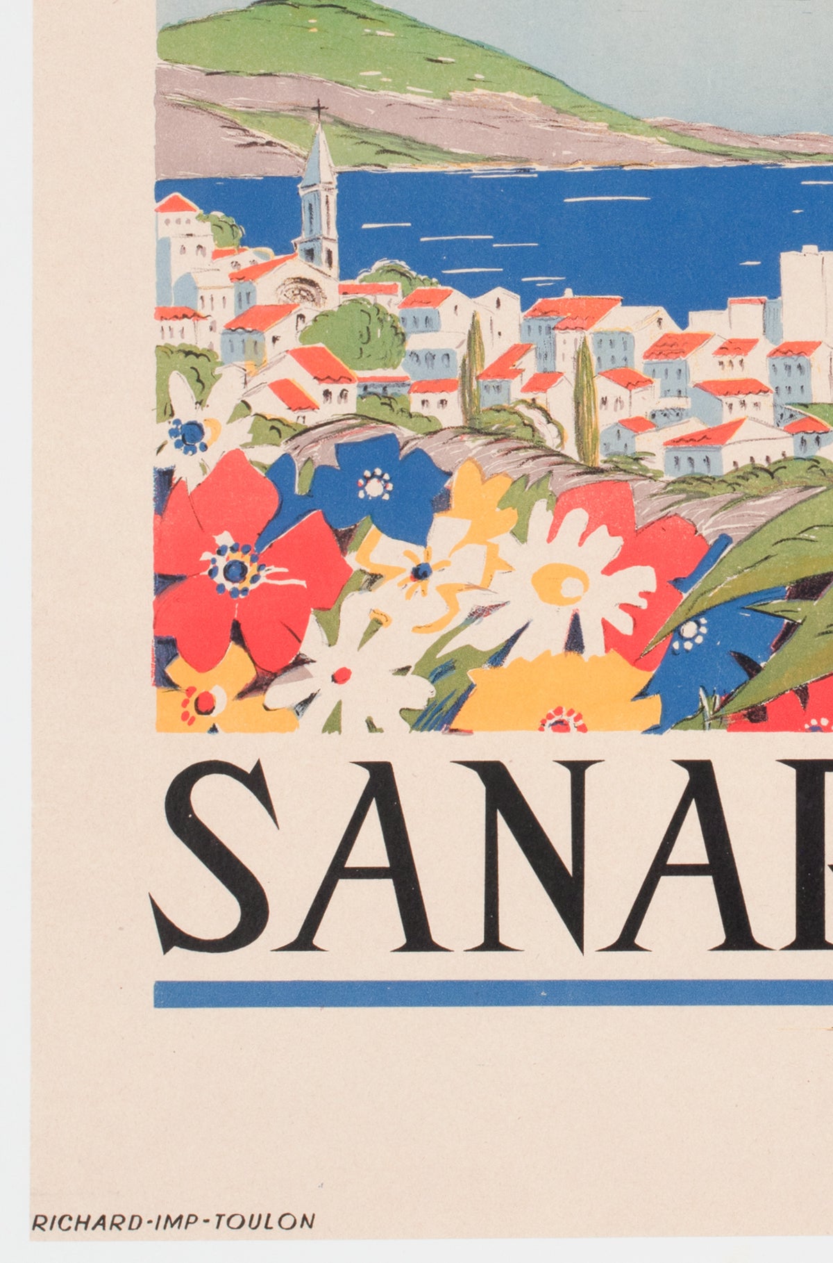 Cote D'Azur Sanary sur Mer 1950s Travel Advertising Poster - detail