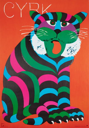 Cyrk Large Stripy Cat Tiger 1979 Polish Circus Poster, Hubert Hilscher