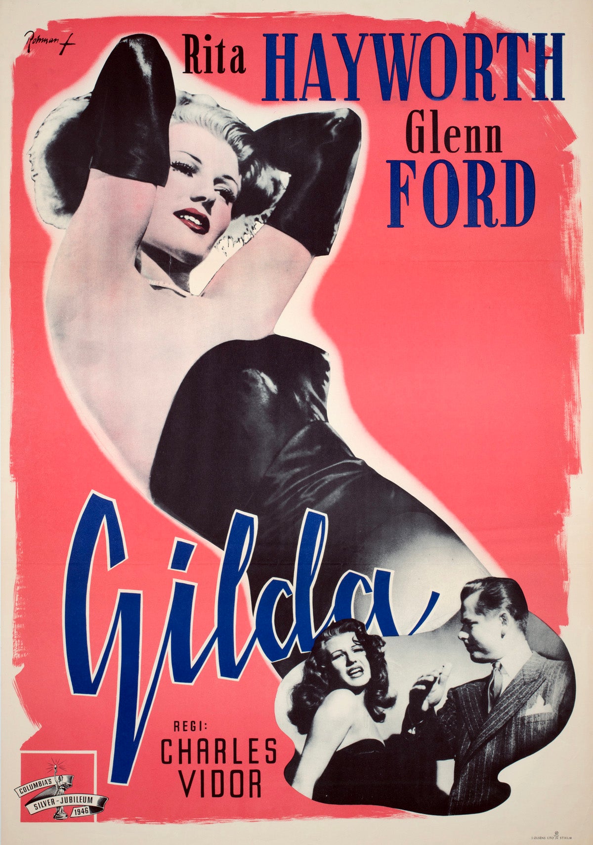 Gilda 1946 Swedish film poster designed by Eric Rohman with Rita Hayworth and Glenn Ford