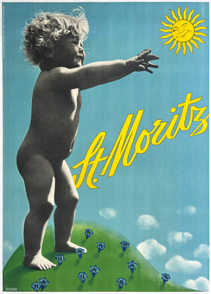 St Moritz c1935 Swiss Ski Travel Poster, Walter Herdeg and Alb Steiner