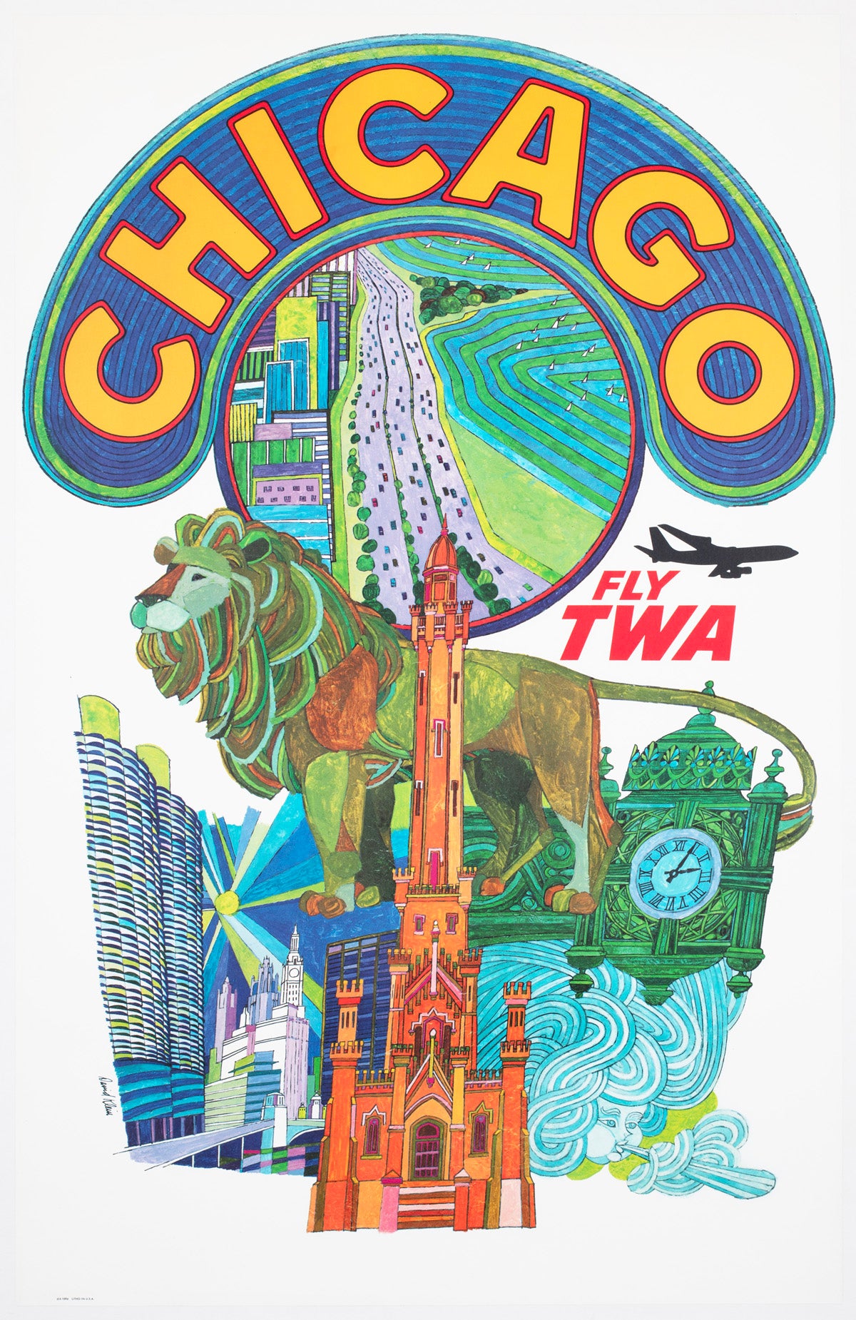 TWA Chicago c1960s Airline Travel Advertising Poster David Klein