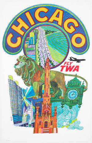TWA Chicago c1960s Airline Travel Advertising Poster David Klein
