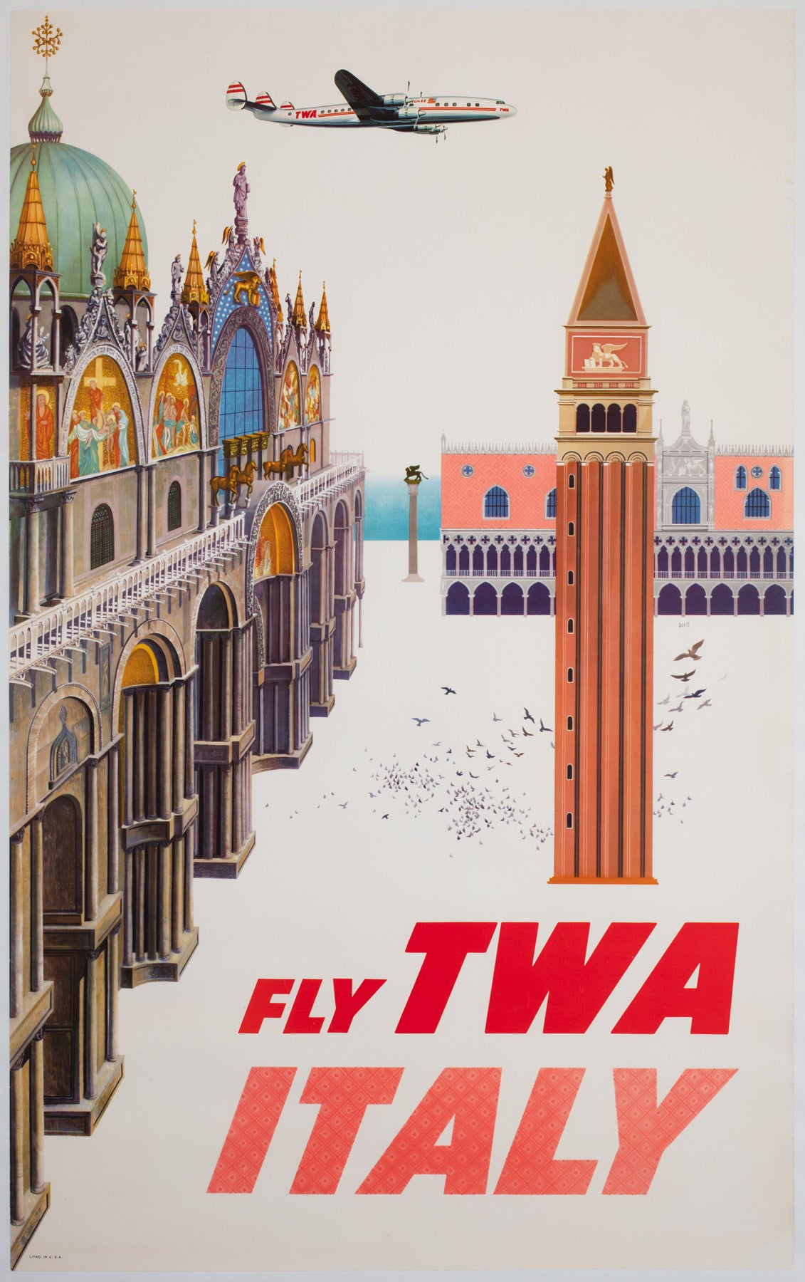 TWA Italy 1950s Travel Airline Poster, David Klein