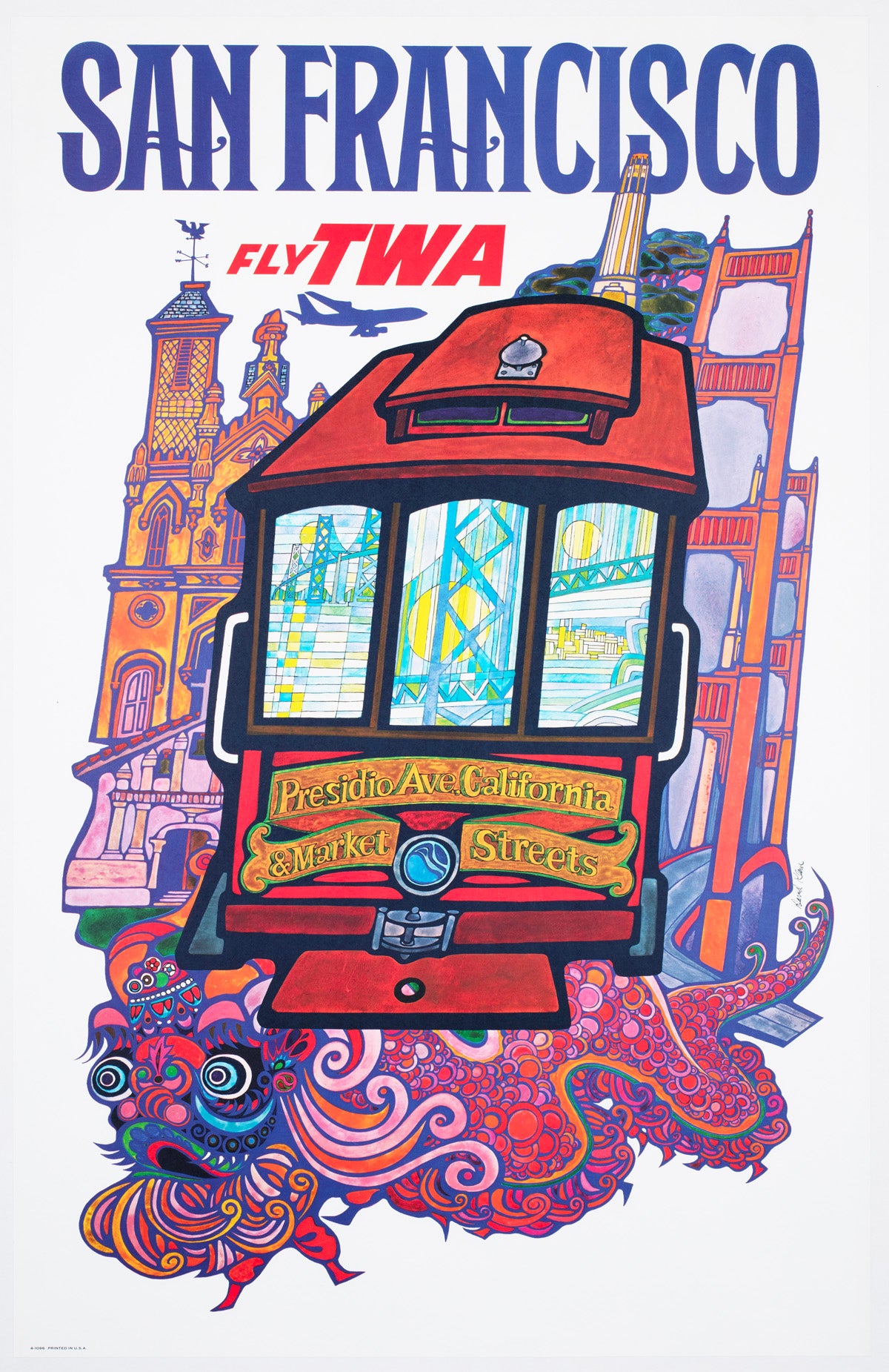 TWA San Francisco c1960s Airline Travel Advertising Poster David Klein