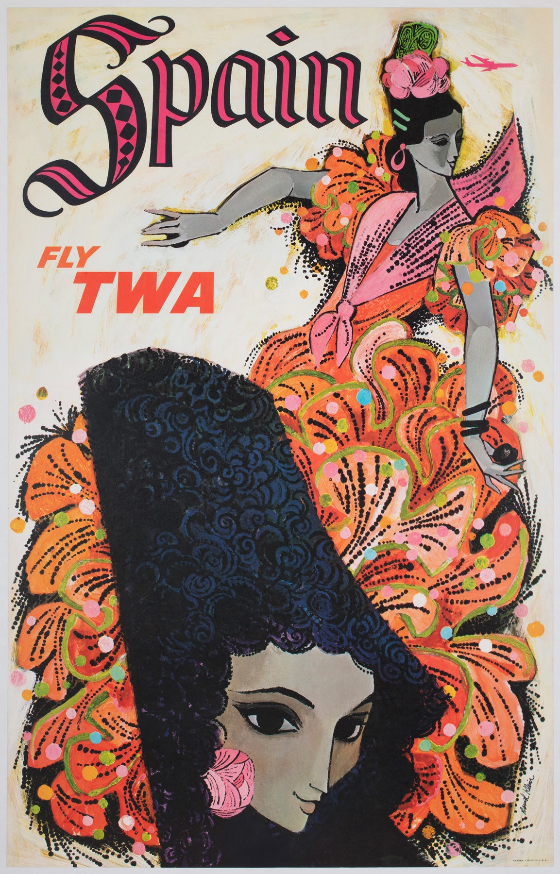 TWA Spain 1960s Airline Travel Advertising Poster, David Klein