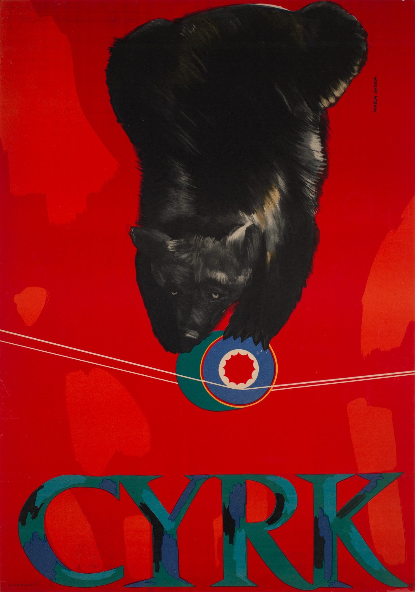 CYRK Tightrope Balancing Bear 1960s Polish Circus Poster, Syska - detail