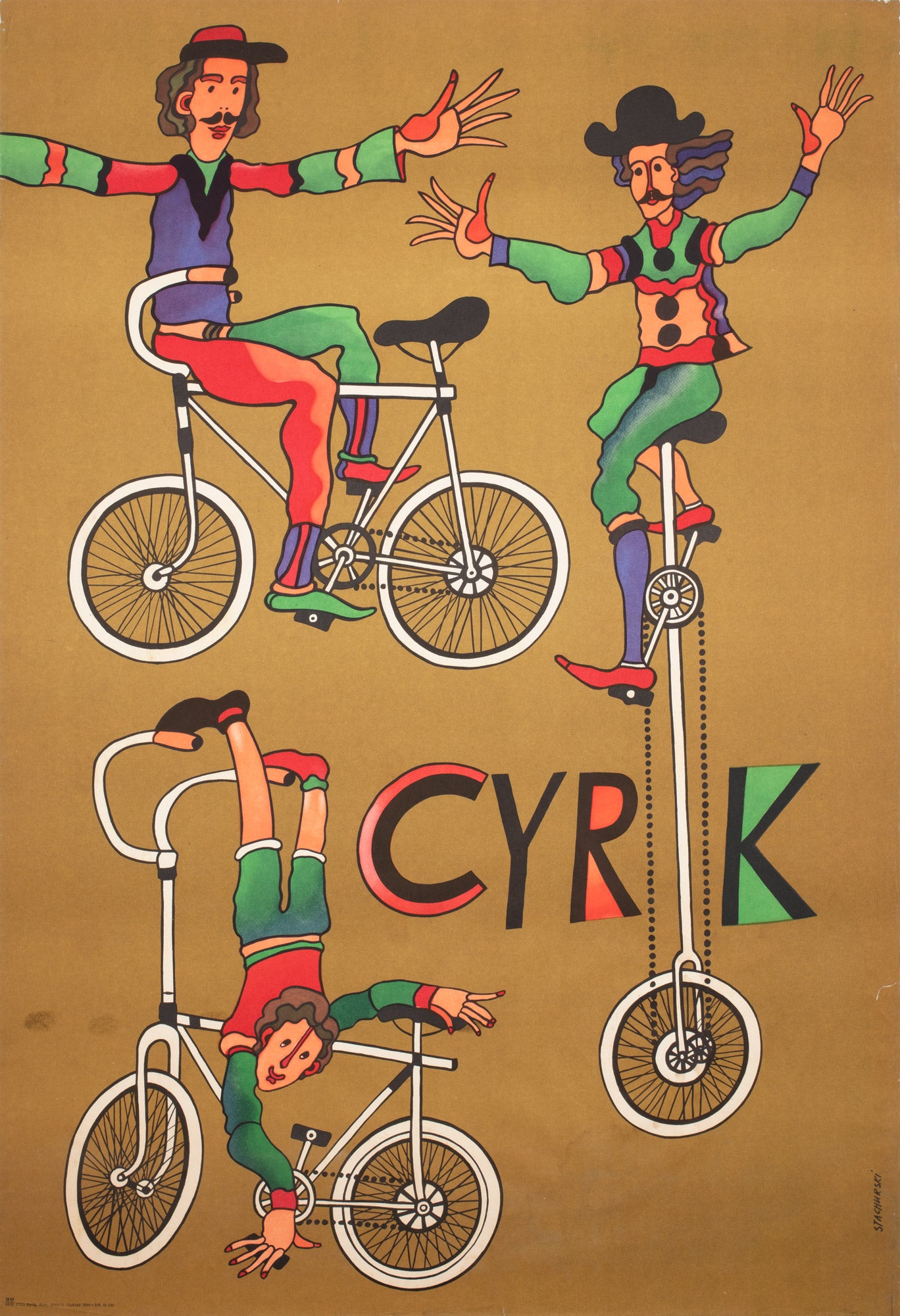 CYRK Cycling Acrobats 1975 Polish Circus Poster, Stachurski