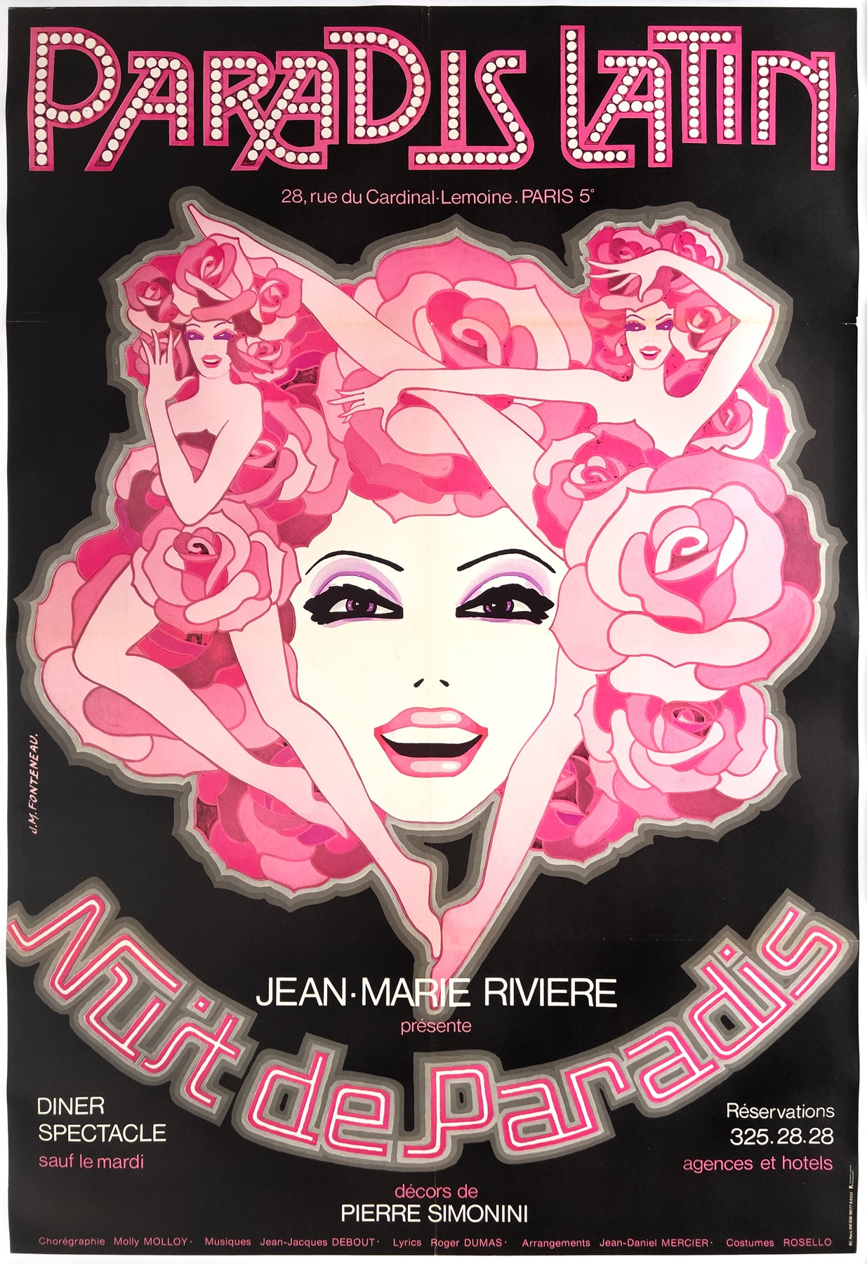 Paradis Latin Nuit de Paradis 70s French Cabaret Advertising Poster, Fonteneau