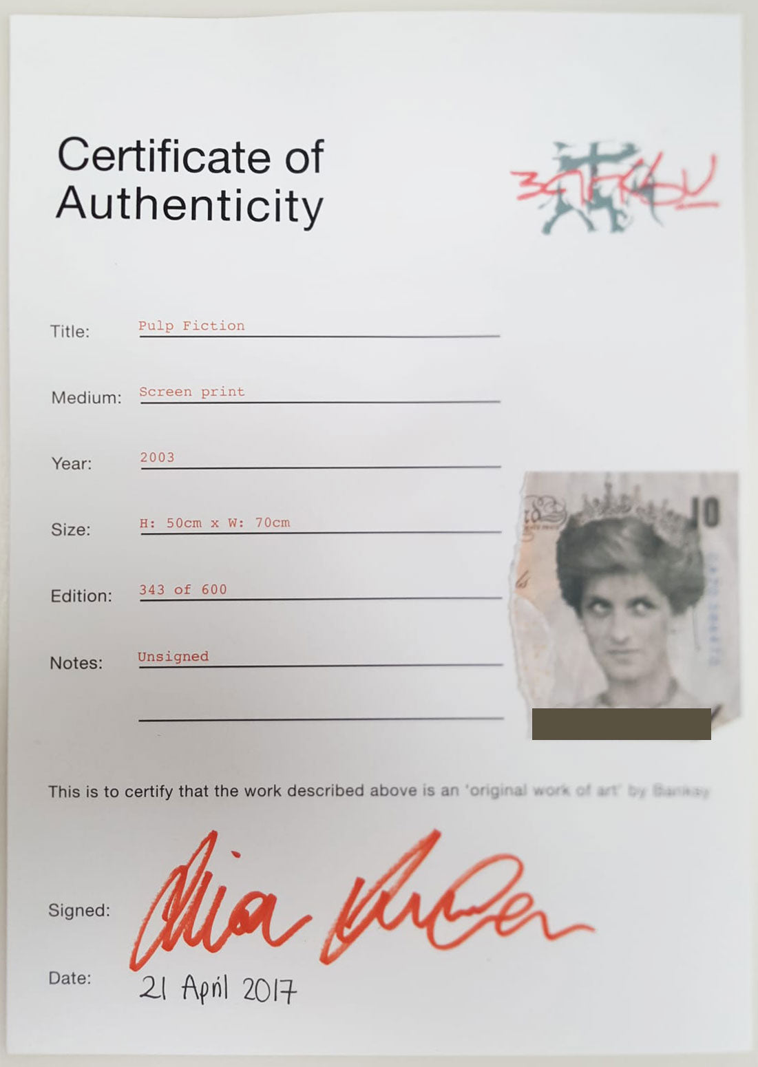 Banksy Pulp Fiction 2004 Limited Edition Unsigned Screen Print - Pest Control COA